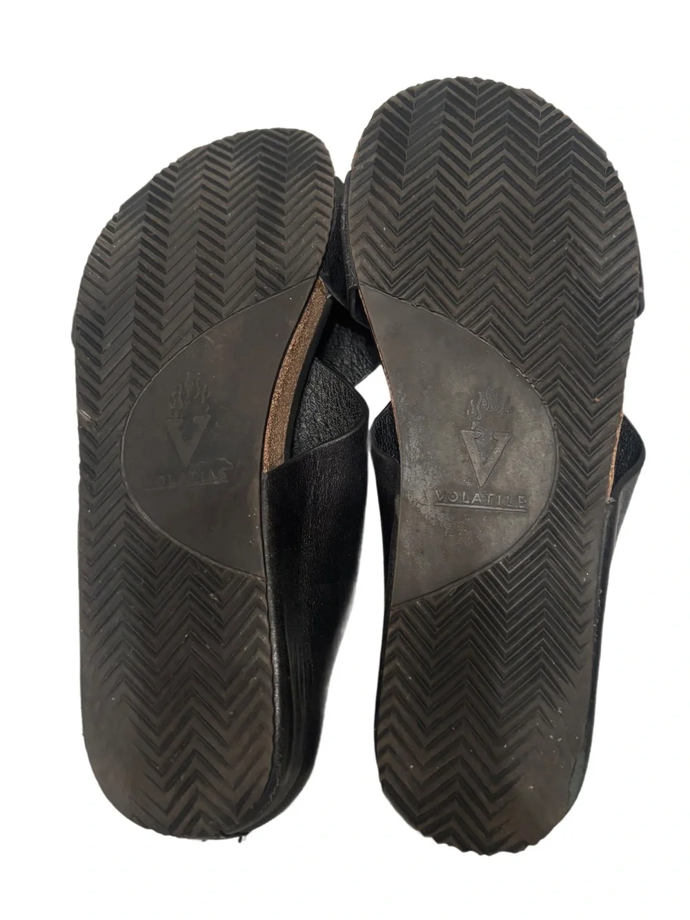 Volatile Black Leather Slide Sandals Size 8 Minimalist Cork Footbed Comfort